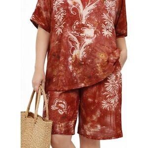 Vintage Lady Cactus Womens Shorts Top Set Size M Red Batik Floral Handmade